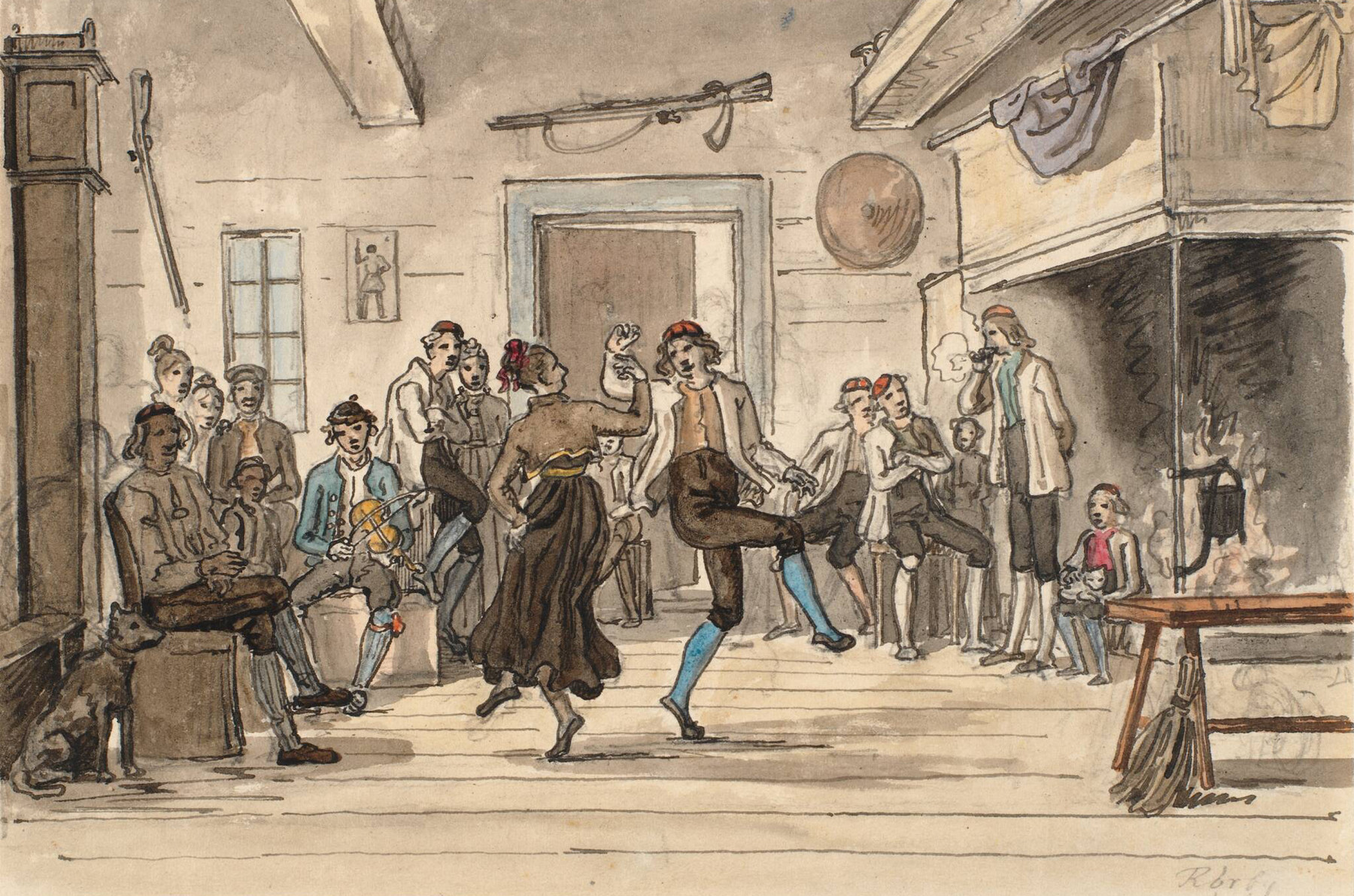 Maleri: 'Dans i en norsk bondestue', Martinus Rørbye, 1832. SMK Open.