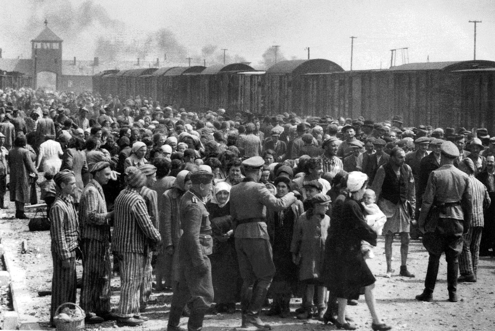 "Sortering" af ankommende til Auschwotz-Birkenau i maj/juni 1944. Fotoet er fra samlingen kendt som Auschwitz-albummet, der blev doneret til Holocaustmuseet af Holocaustoverleveren Lili Jacob. Kilde: Wikimedia Commons.