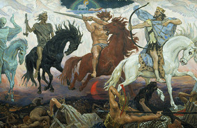 Ifølge Johannes' Åbenbaring vil fire ryttere være et af tegnene på apokalypsen. Her afbildet af Viktor Vasnetsov (1887). Illustration: Wikimedia Commons
