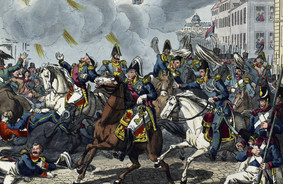 Helvedesmaskinen i brug d. 18. juli 1835. Illustration: P. C. Geissler, Nürnberg - Bibliothèque nationale de France.