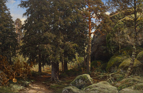 Maleri: 'Skov-interiør' af Berndt Lindholm, 1878.